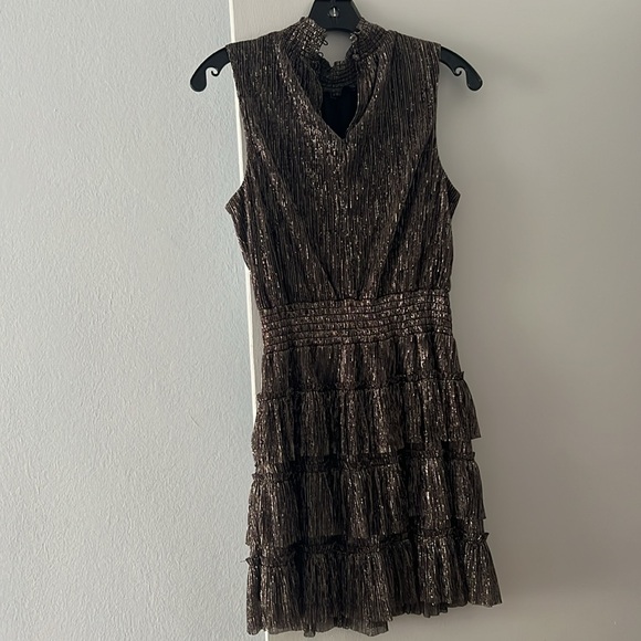 1. State. Smock Neck Sleeveless Fit & Flare Dress. Brown with Gold. Size S/M - Picture 5 of 7